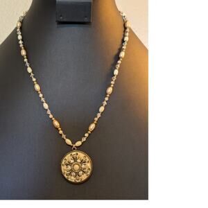 Signed Michal Golan Pearl Crystal Victorian Locket 18"-21.5" Necklace